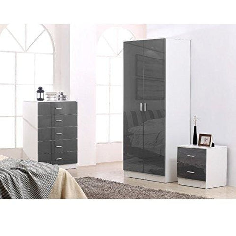 Reflect 3 Piece Bedroom Furniture Set 2 Door Plain Wardrobe 5 Drawer Chest Drawers 2 Drawer Bedside High Gloss Grey Drawer Fronts Matt White