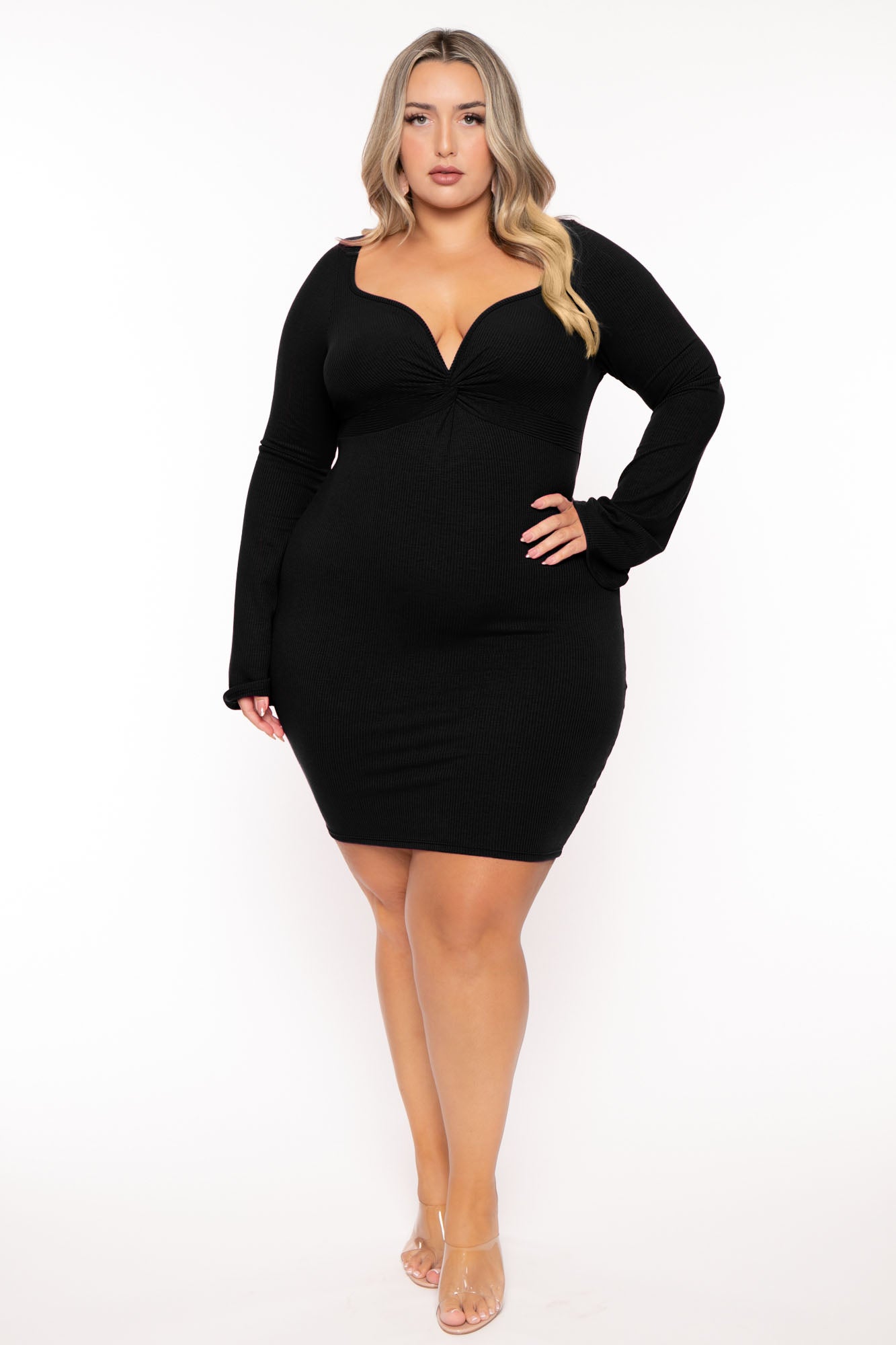 Plus Size Karem Front Twist Ribbed Dress - Black