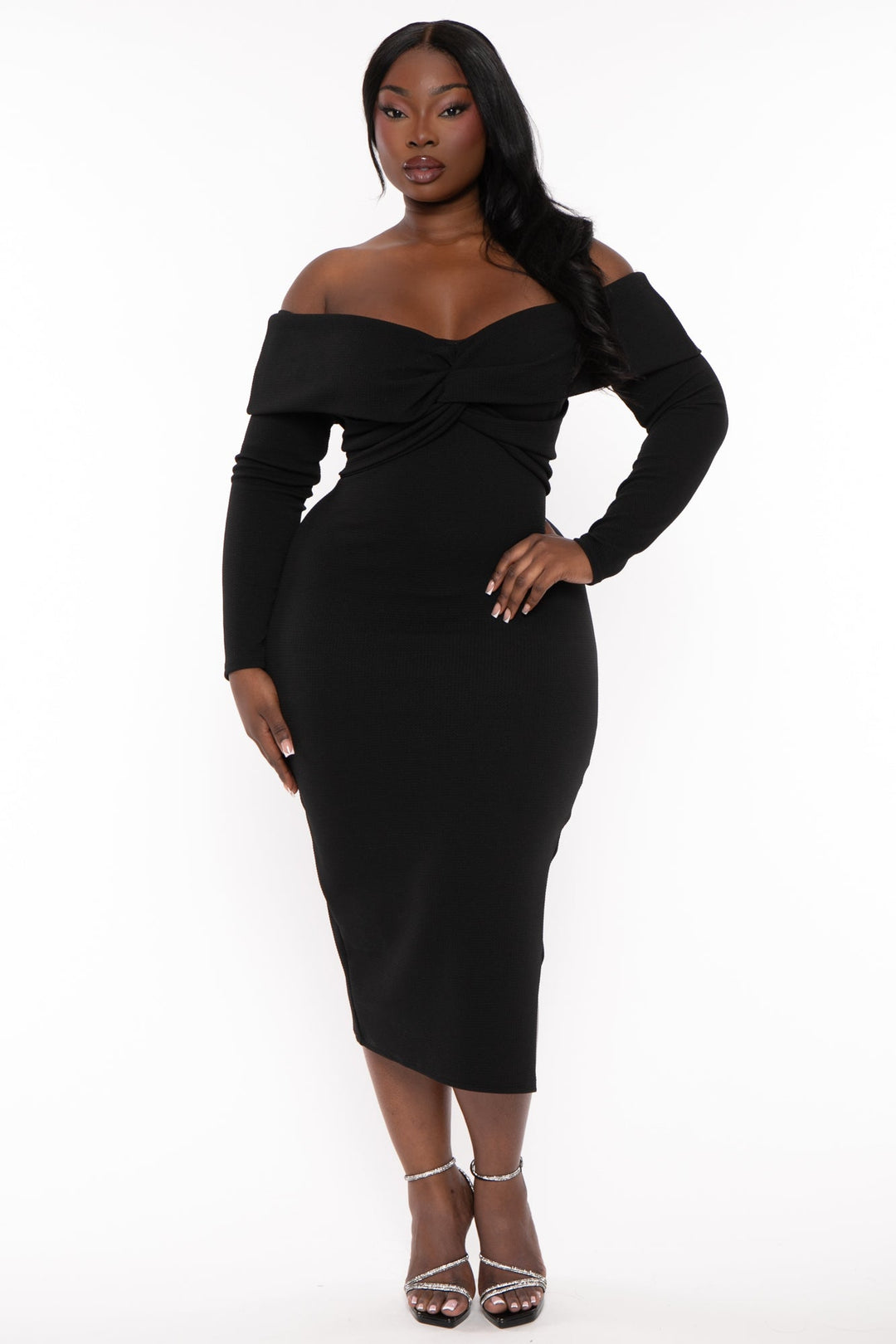 Plus Size Simona Satin Ruffle Midi Dress- Black – Curvy Sense
