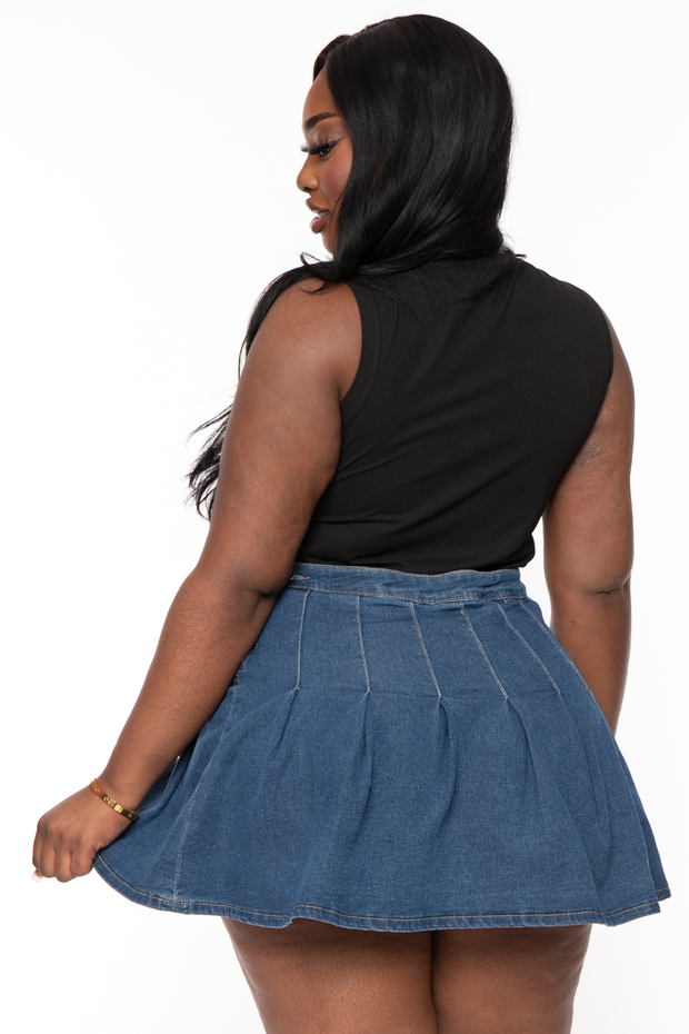 efterklang stadig Giv rettigheder Plus Size Pleated Denim Mini Skirt - Dark Blue – Curvy Sense
