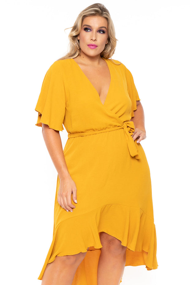 Bluebell Dresses Plus Size Tati Surplice Ruffle Dress - Mustard