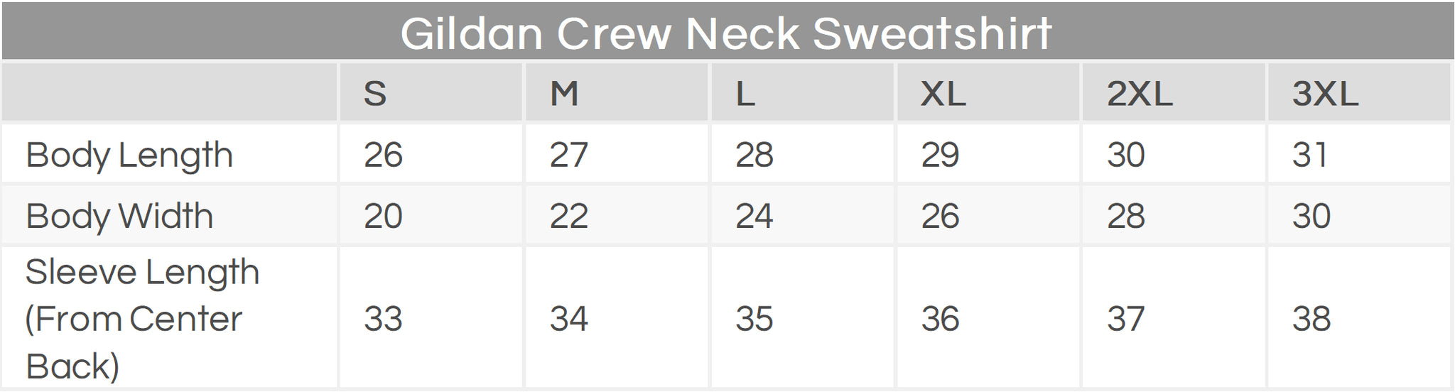 Gildan Crew Neck Sweatshirt Size Chart