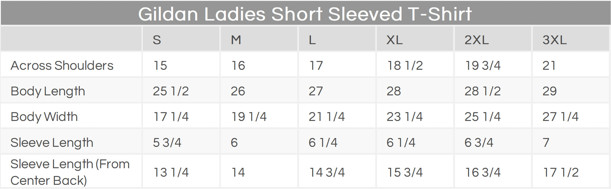 Gildan Ladies Short Sleeved T-Shirt Size Chart