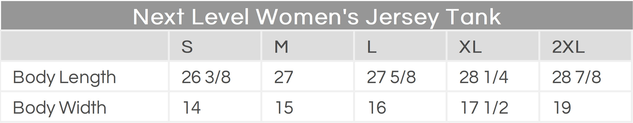 Next Level Women's Jersey Tank Size Chart