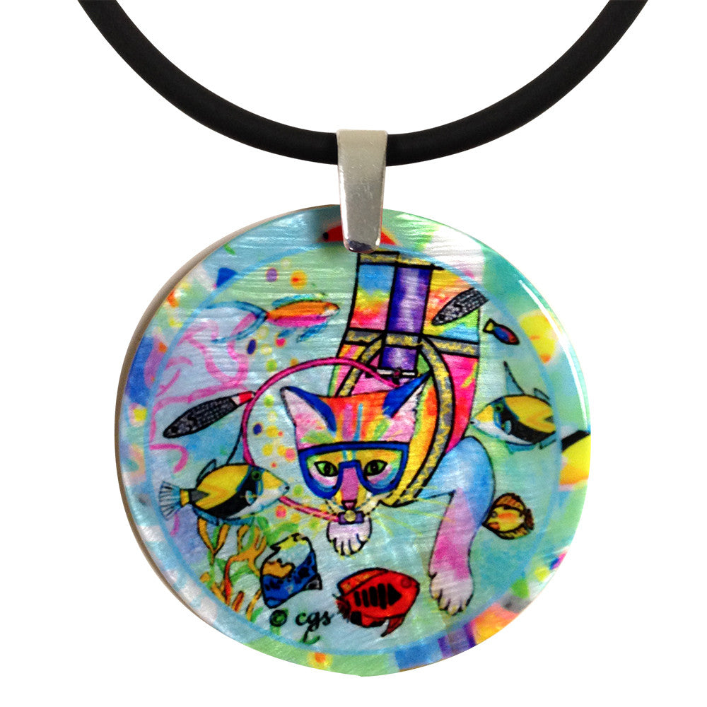 Scuba Cat Art Jewelry Mother Of Pearl Pendant Necklace Claudia