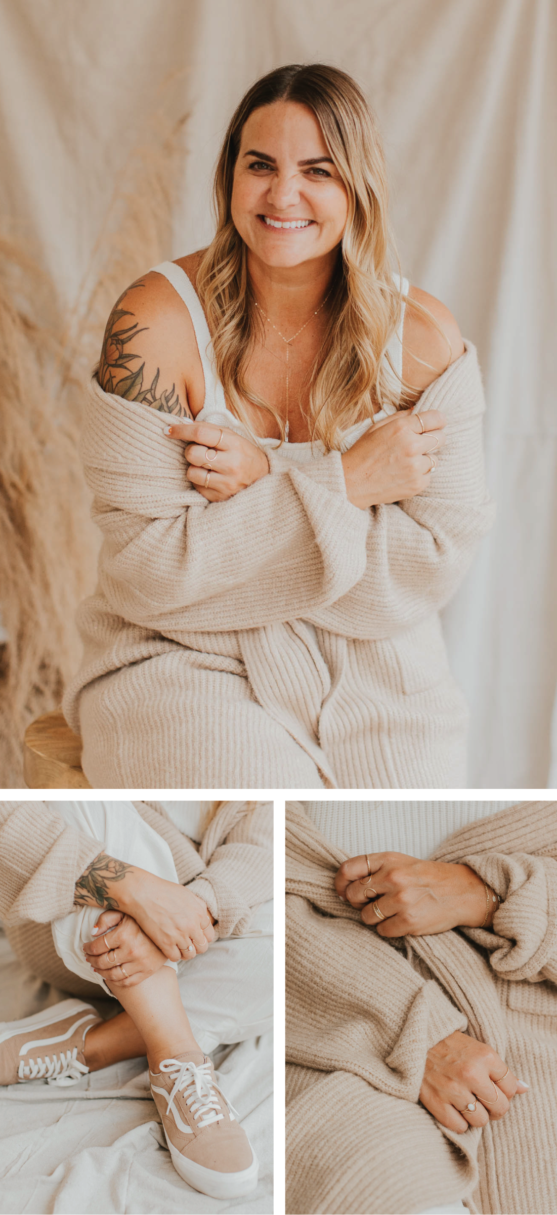 Jess layers neutral whites and tans for the perfect comfy, cozy and effortless look.