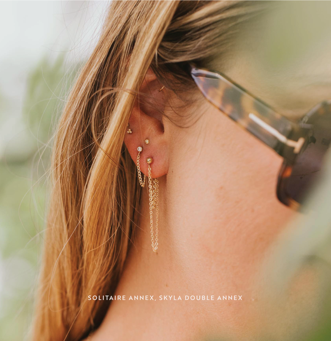 Jess' earring stack for summer jewelry including gold ball stud earrings, solitaire annex, and skyla double annex earrings.