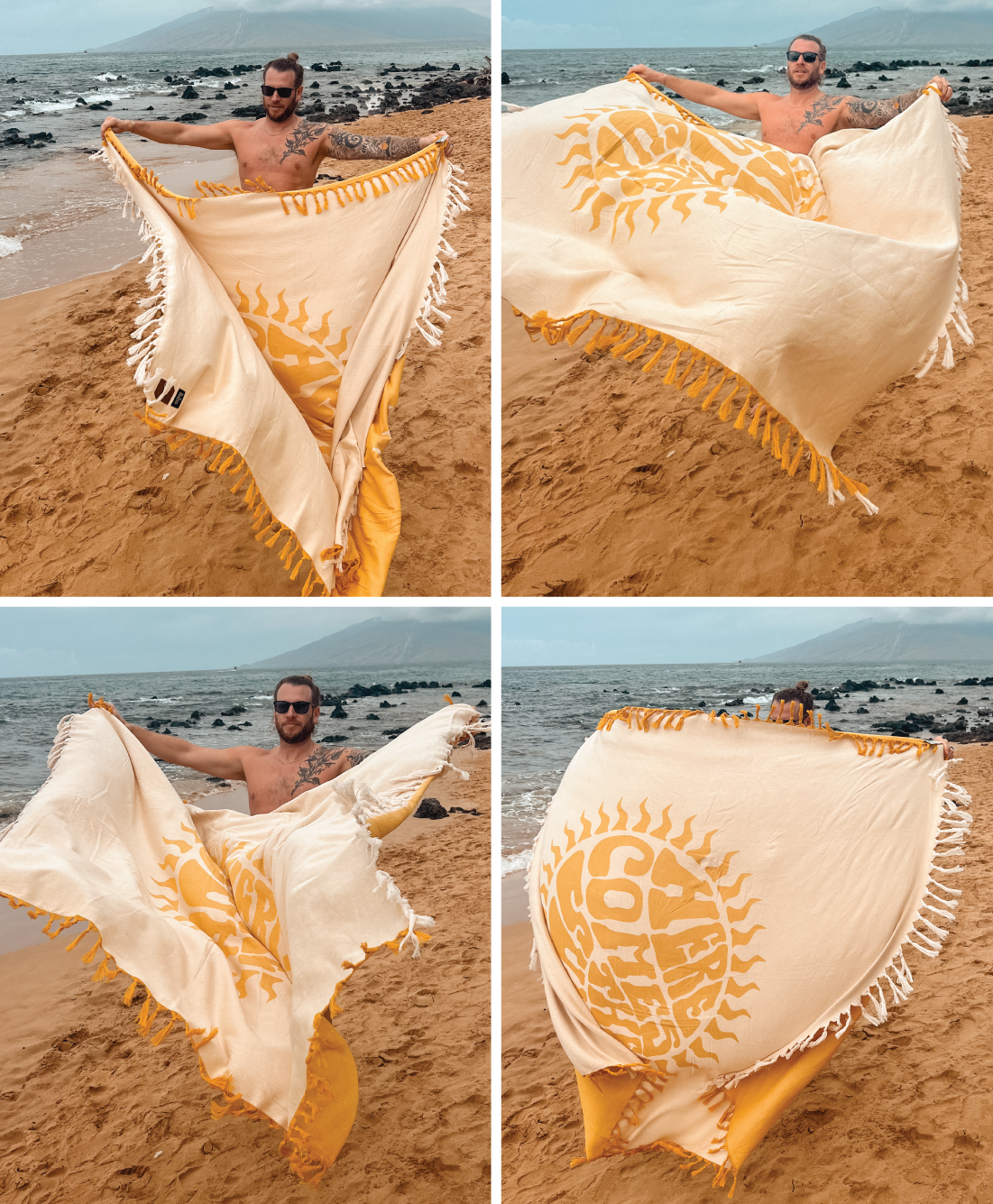 Adam from Hello Adorn at a beach in Maui putting a towel on the sand.