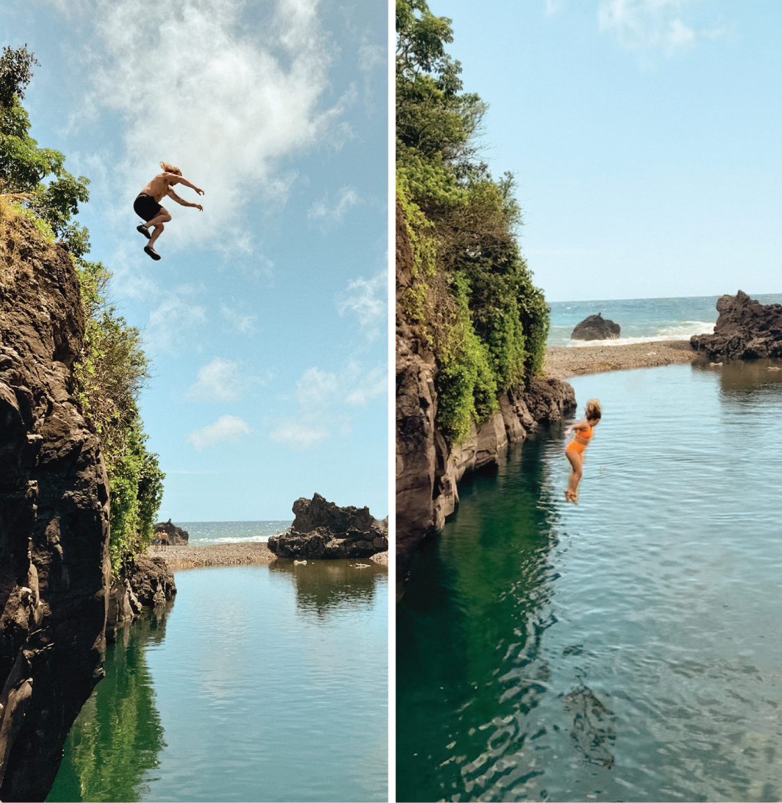 Jess + Adam, owners of Hello Adorn cliff jumping on the Road to Hana in Maui, Hawaii.