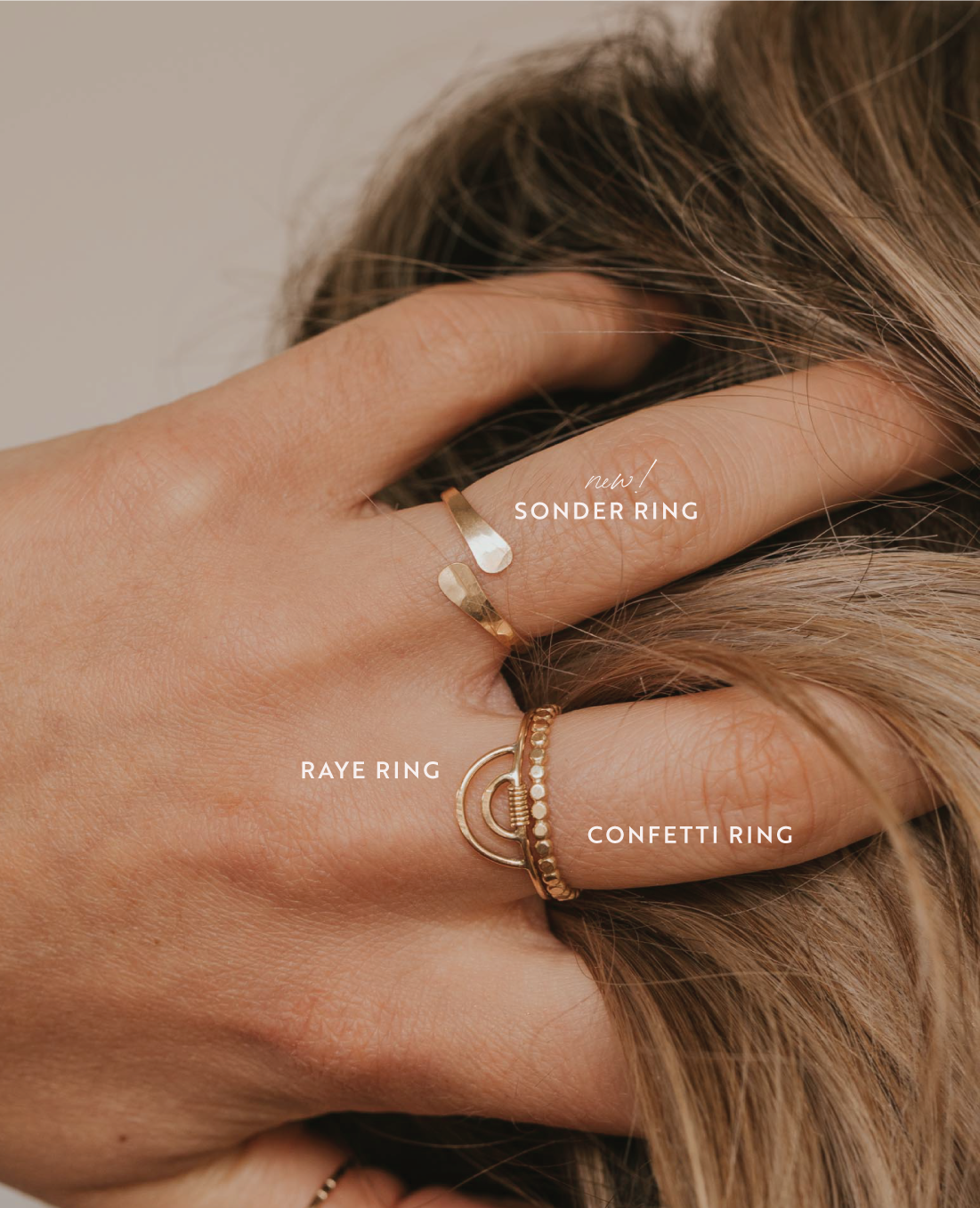 Sonder Ring Stack ideas that includes 3 stack rings with two statement rings and one stacking ring shown in 14k gold fill.