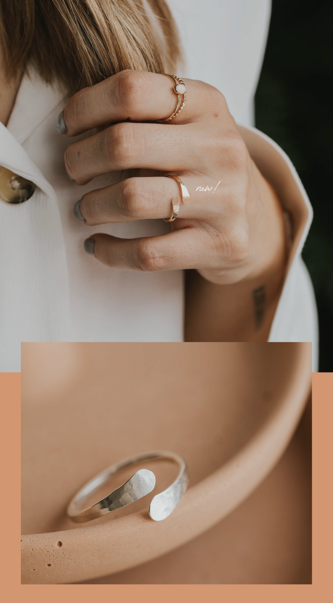 Hello Adorn launches new open Ring named Sonder after the meaning in the dictionary, styled with a gemstone ring with an opal stone, and a confetti hammered ring.