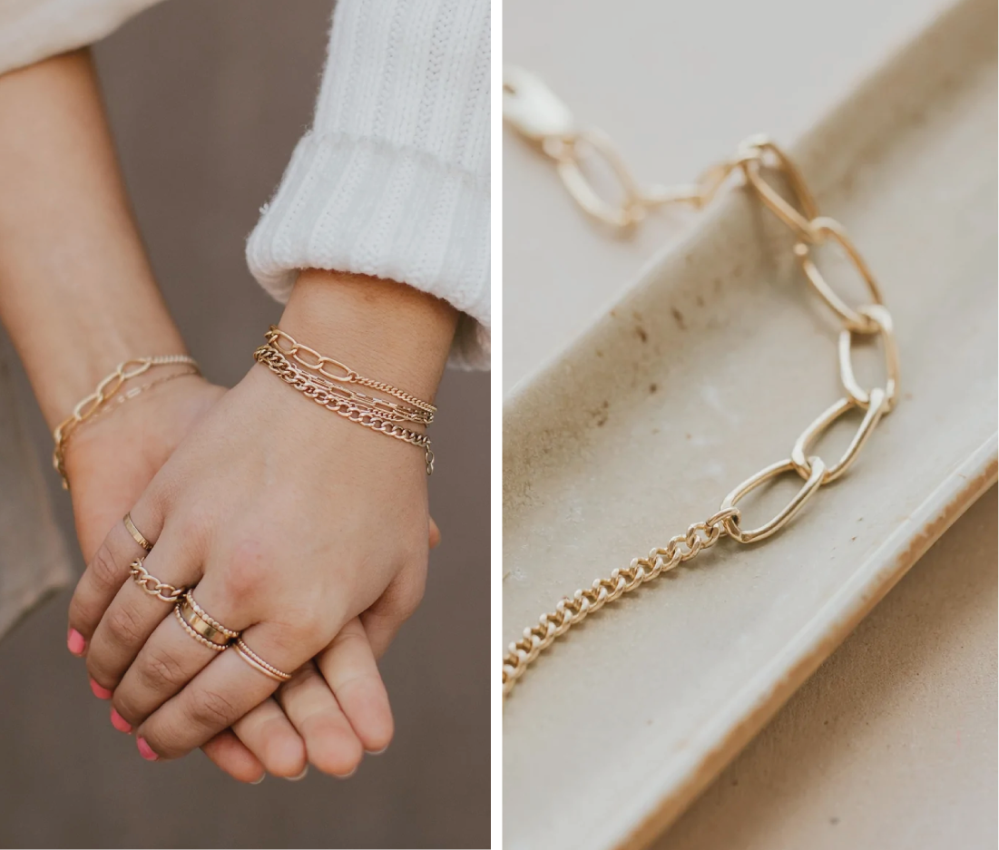 A bracelet stack featuring a chain friendship bracelet, a ring stack featuring statement rings and stacking rings, and a chain bracelet.