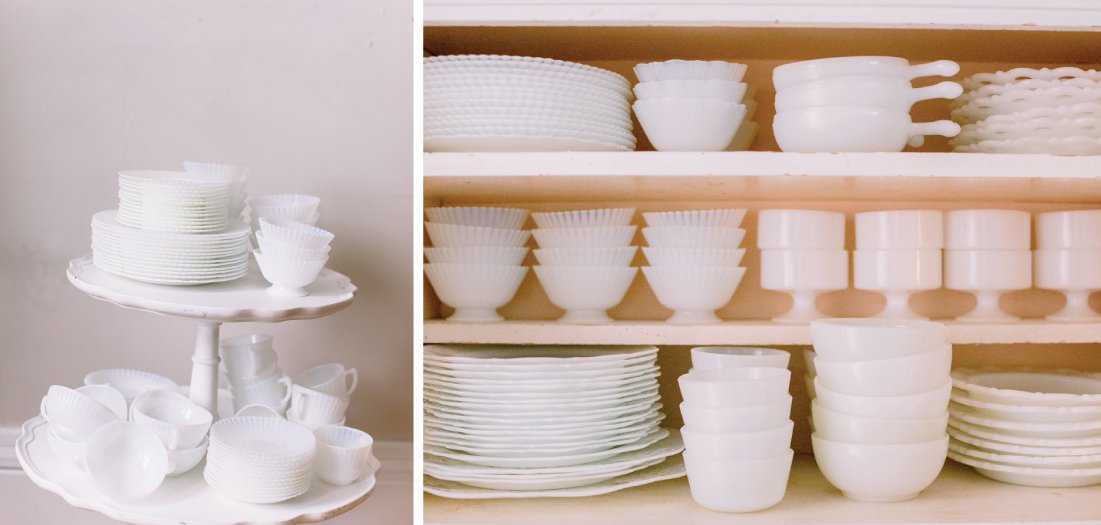 Milk glass collection available for rental at Linyage.