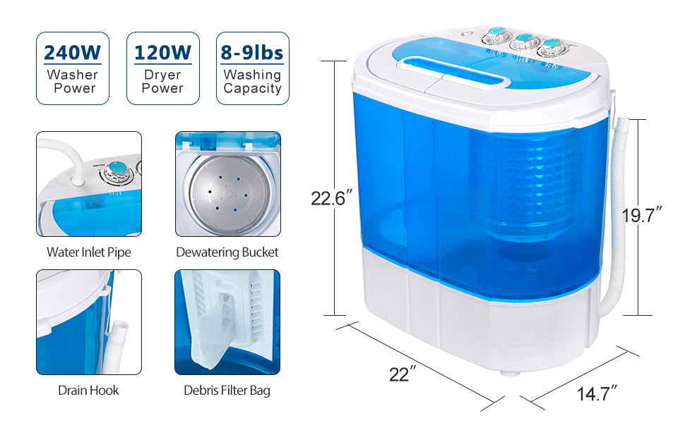 Zeny Portable Washing Machine - Mini Lightweight Twin Tub Wash&Spinner 10 lbs Gravity Drain Hose(Dual, 10lbs), Blue, Size: 22.6 x 22 x 14.7