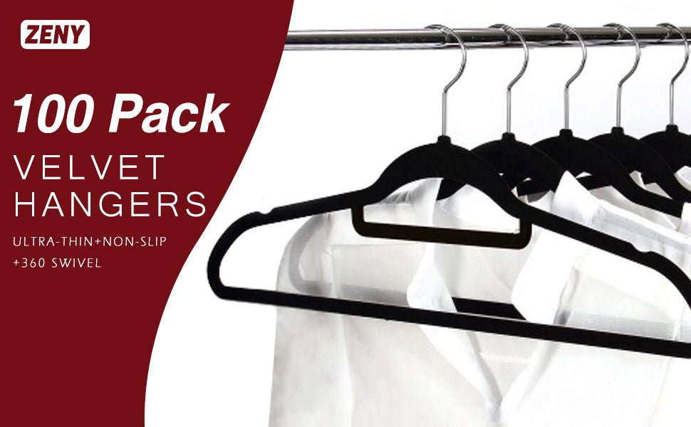 zeny black clothes hangers 100 pack in velvet with swivel hooks