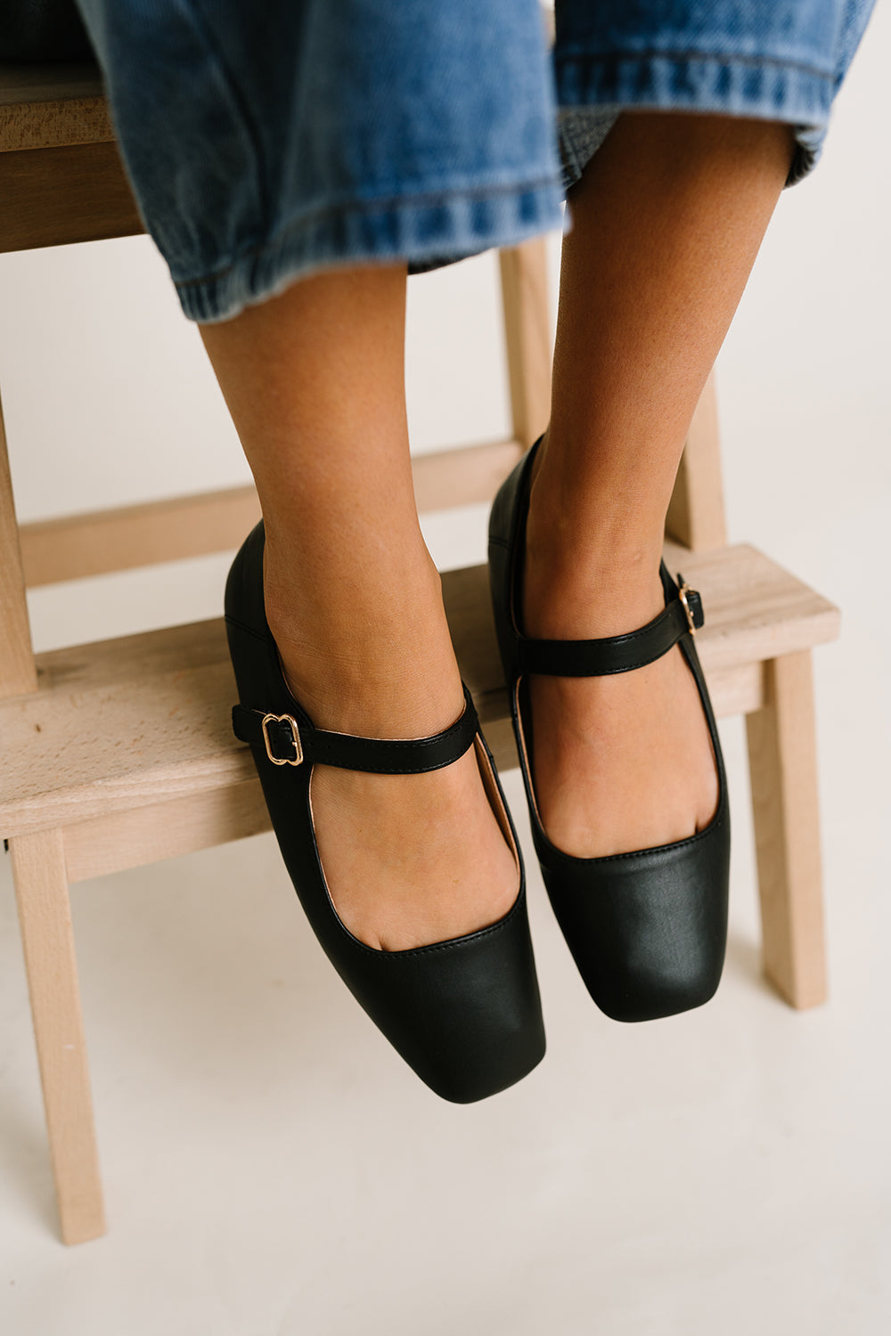Mary Jane Flats in Black Leather