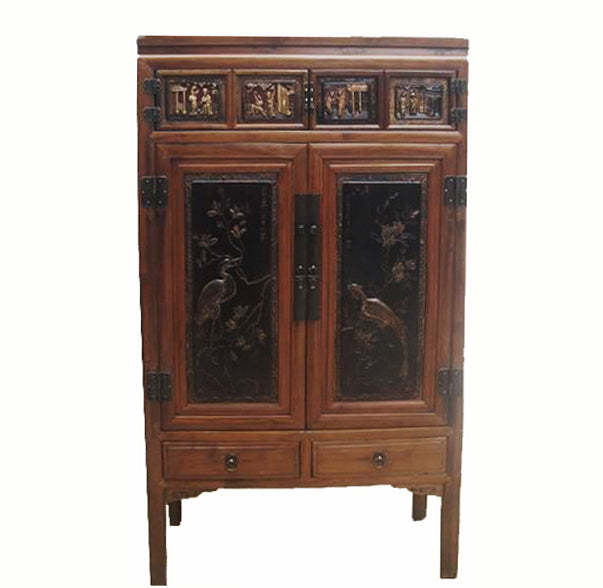 Antique Chinese Cabinet W Two Carved And Hand Painted Doors Dyag