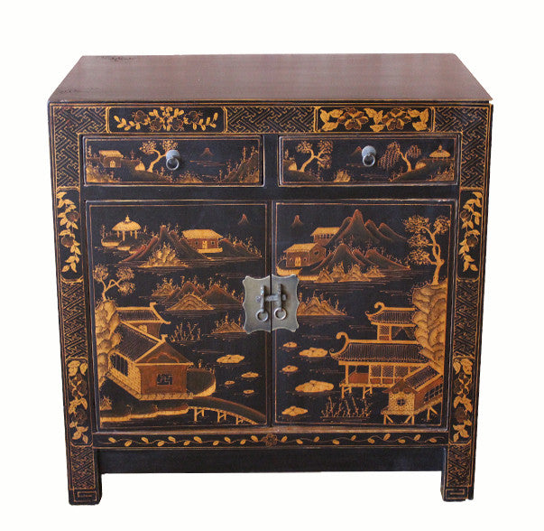 Square Corner Black Cabinet With Gilt Painting Dyag East