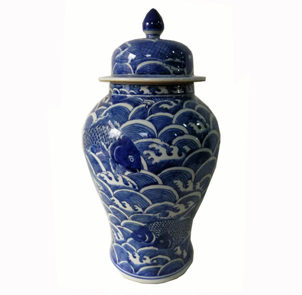 Blue And White Porcelain Ginger Jar With Ocean Waves Fish Dyag East