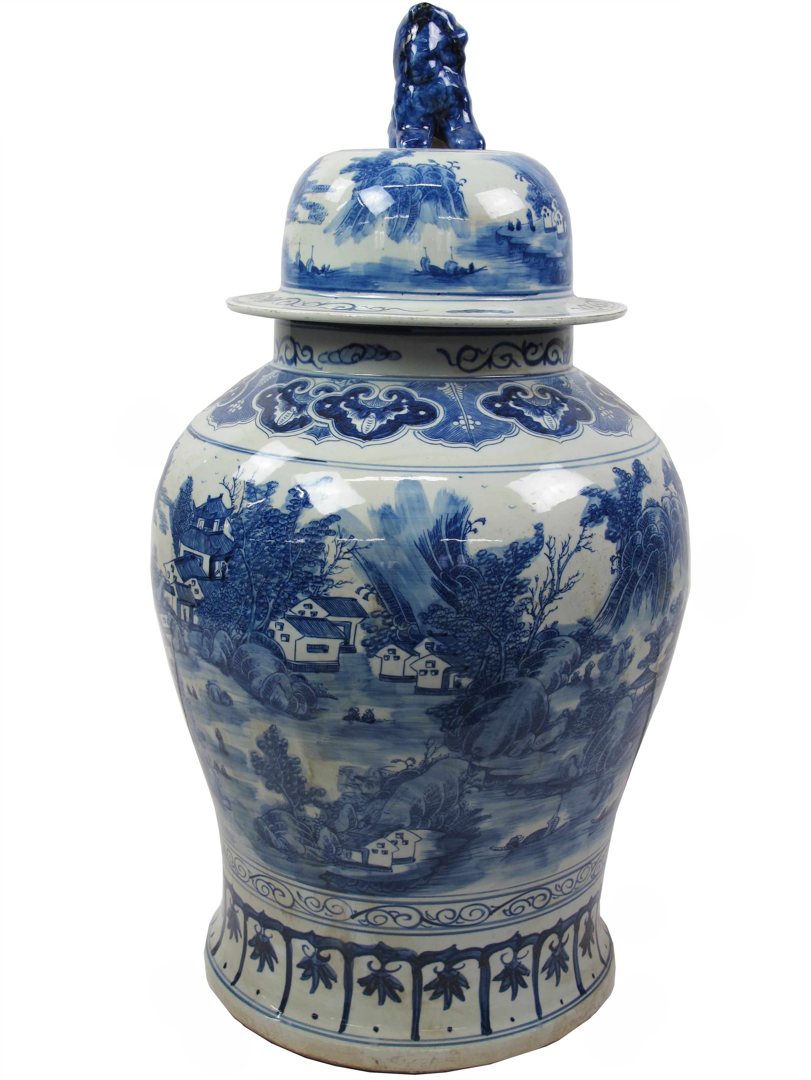 35 Inch Tall Grand Blue White Porcelain Ginger Jar With Foo Dog Lid Dyag East