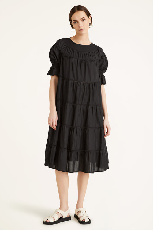 Merlette Paradis Dress: Puff sleeve, lace details tiered dress