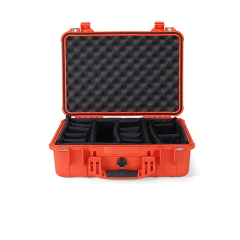 Open 1500 Pelican Protector Case in orange with padded dividers