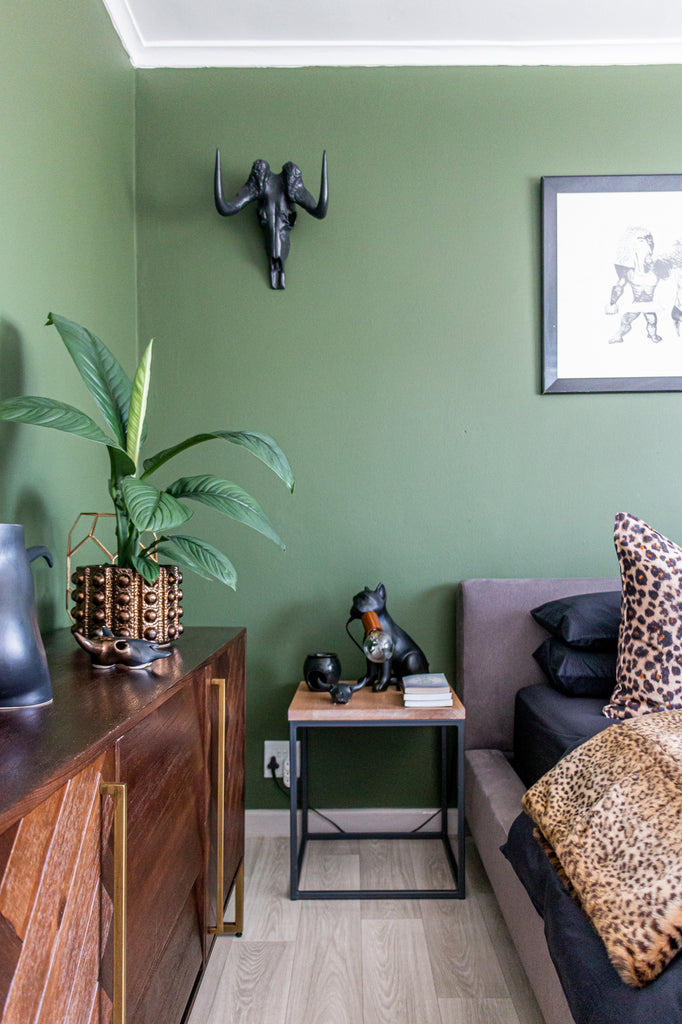 Bedroom styled with Matte Black Rialheim Products on Green Wall