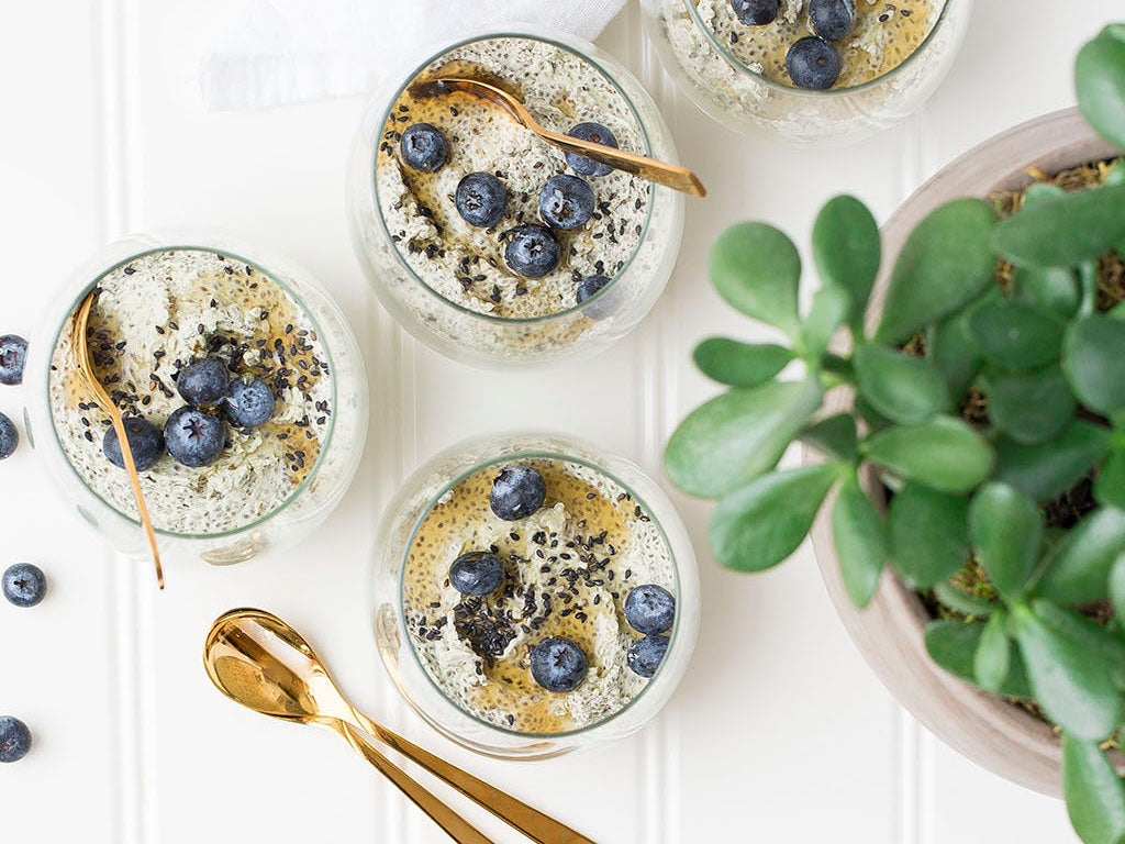 Plated chia seed pudding with blueberries on a table with spoons and a potted succulent