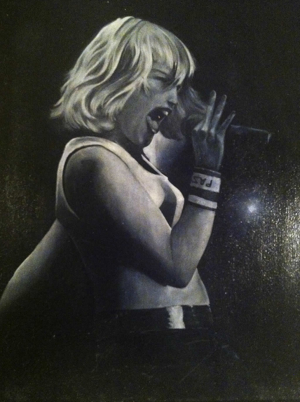 Gwen Stefani black and white oil painting painted by Perri Arts, Katy's sister.