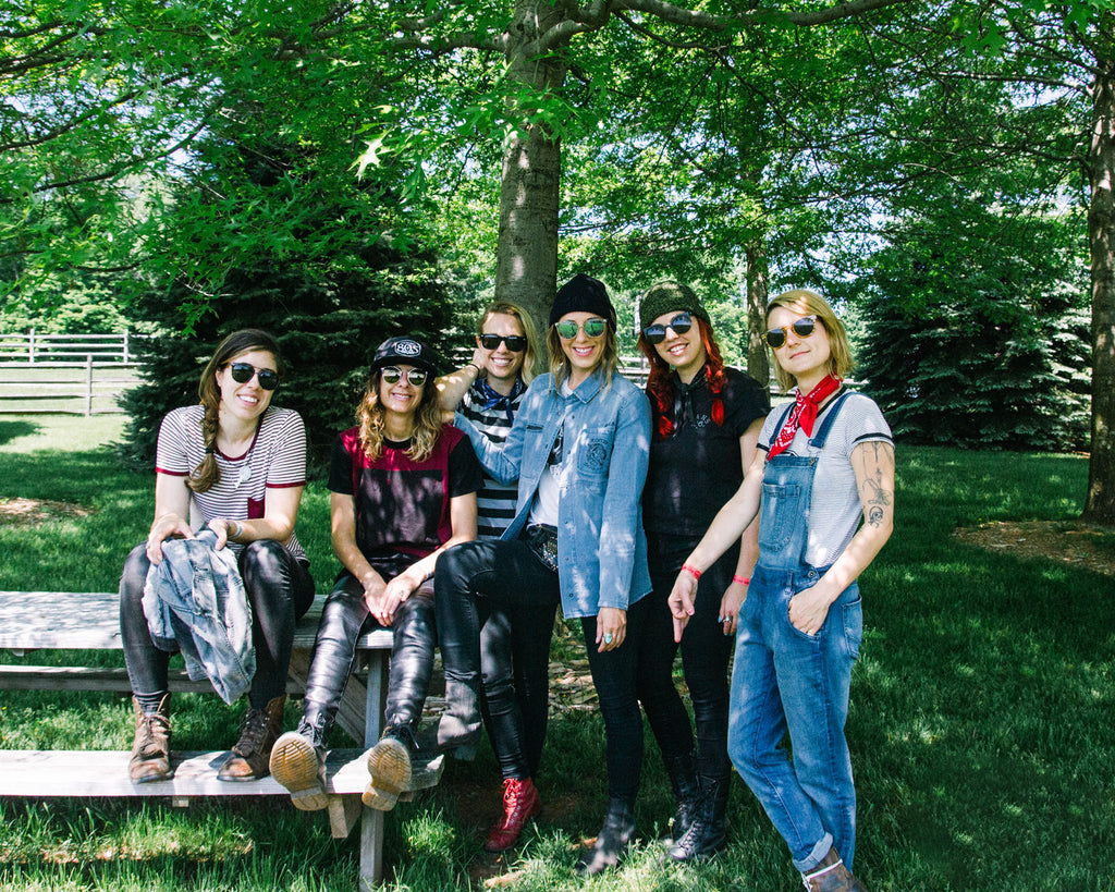 Group of stylish girls that just rode their motorcycles to Woodstock, NY