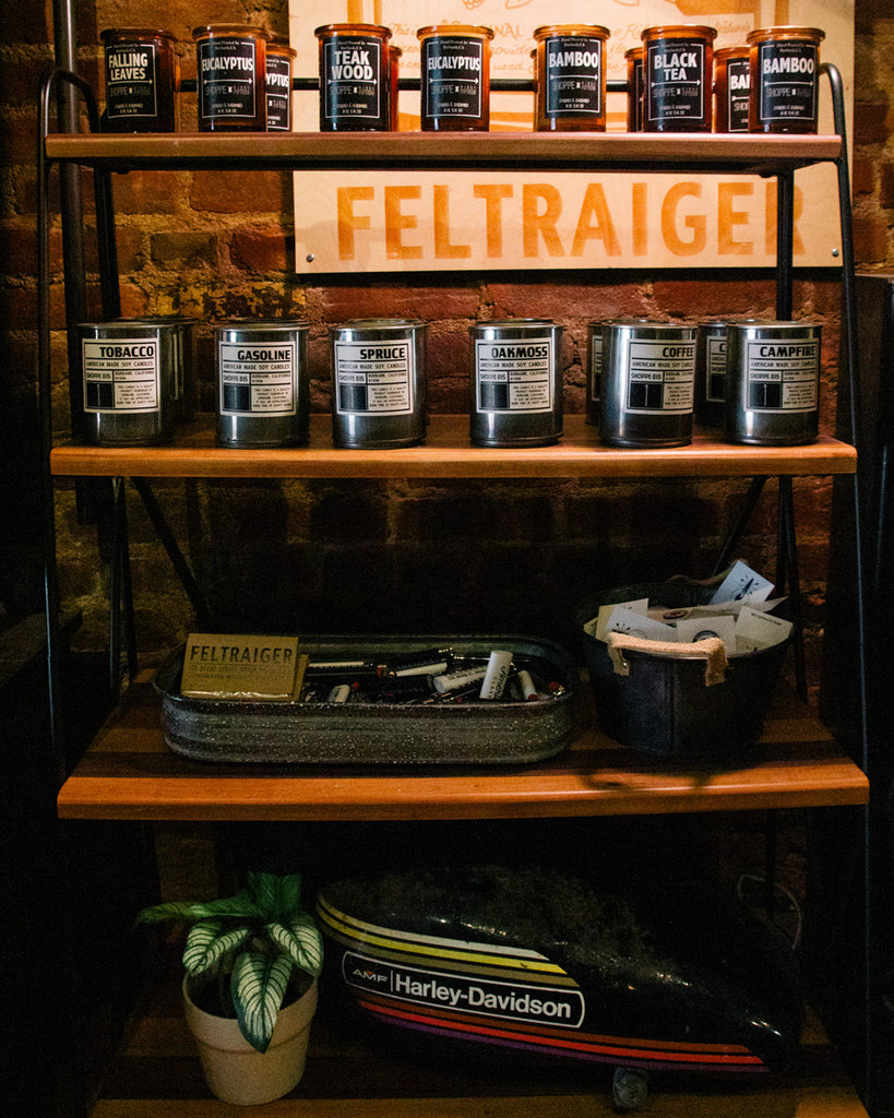 Shoppe 815 Candles on Feltraiger shelfs in Brooklyn, New York store front