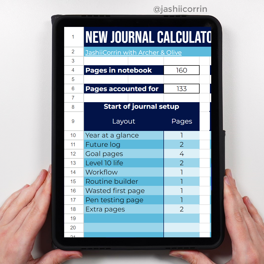 New journal calculator on an iPad populated with a list of new journal layouts
