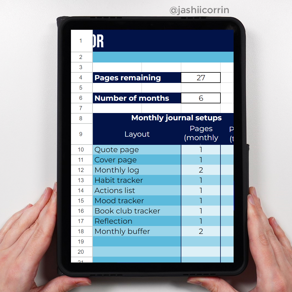 New journal calculator on an iPad populated with a list of monthly layouts