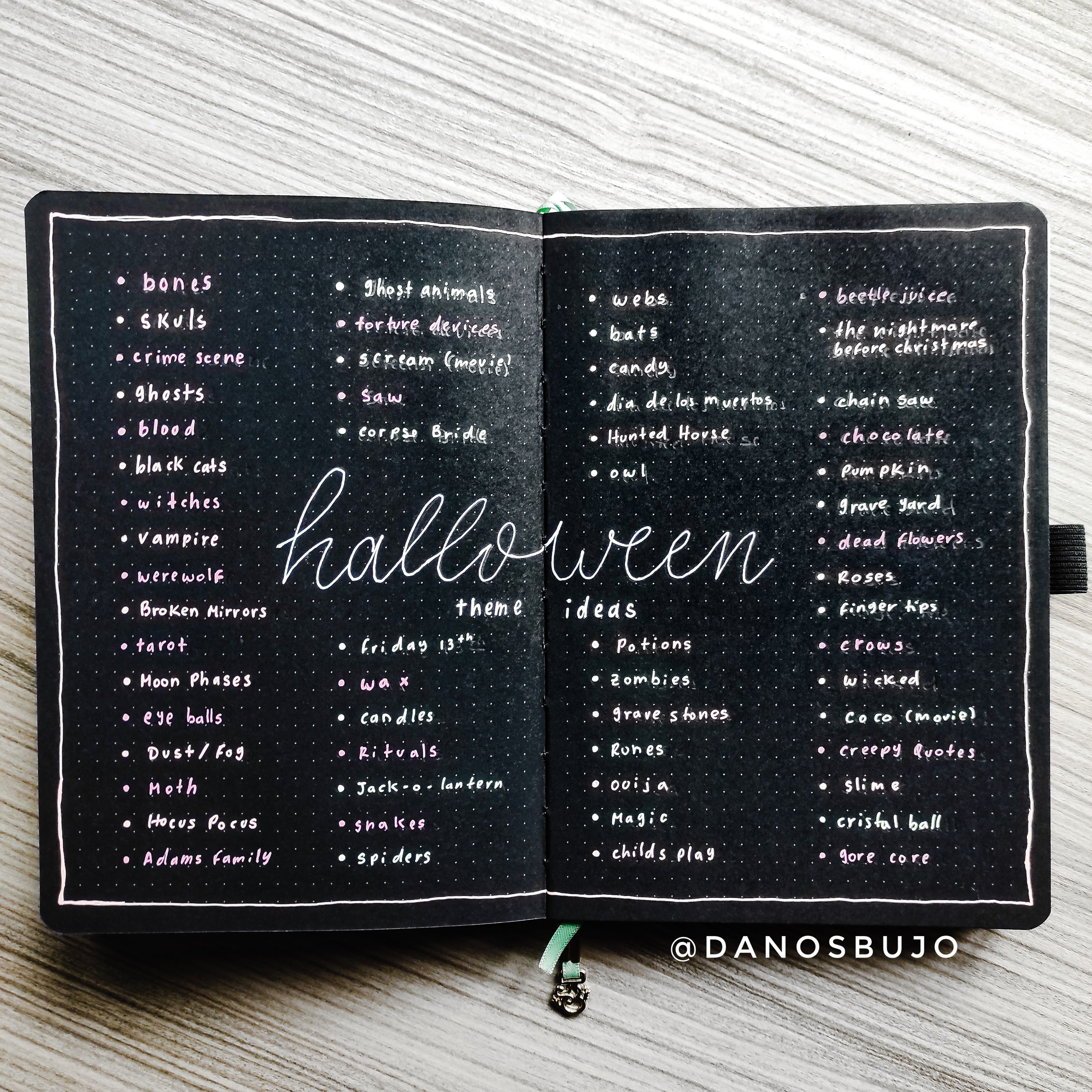 bullet journal spread with 50 halloween theme ideas