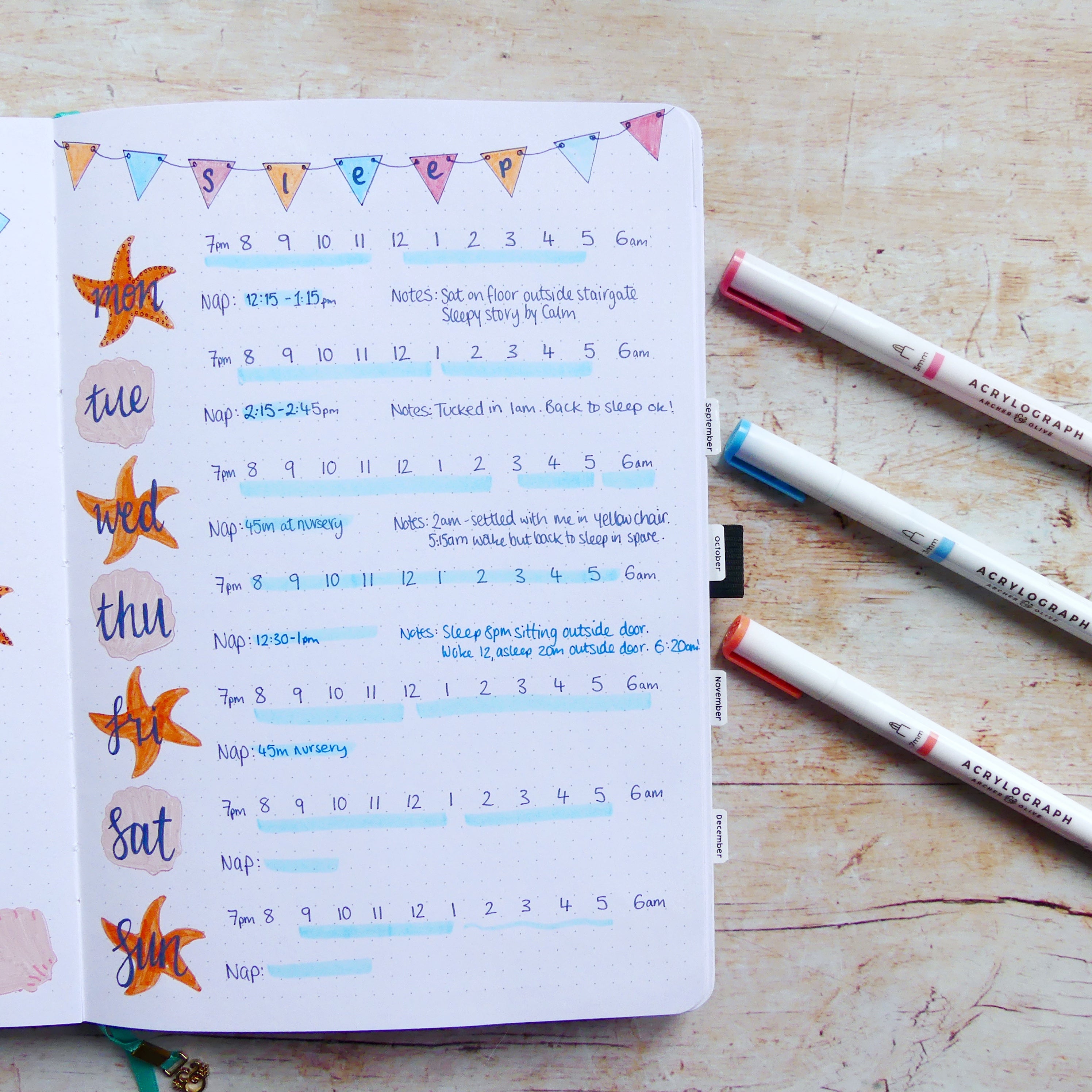 Tracker page with horizontal times and highlighted sleep and nap hours.  Seashell decorations.