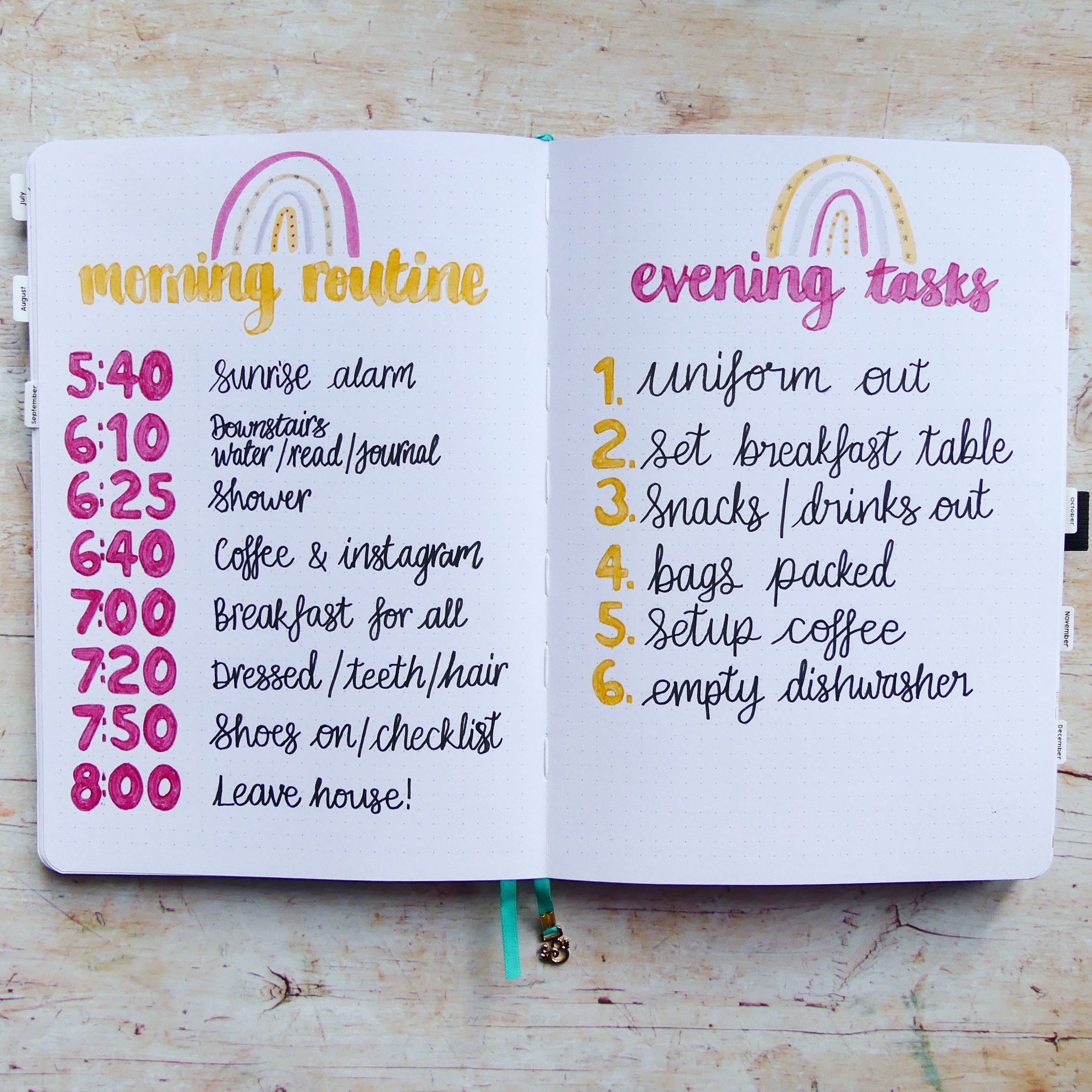Double page spread with routines for morning and evening including specific timings 