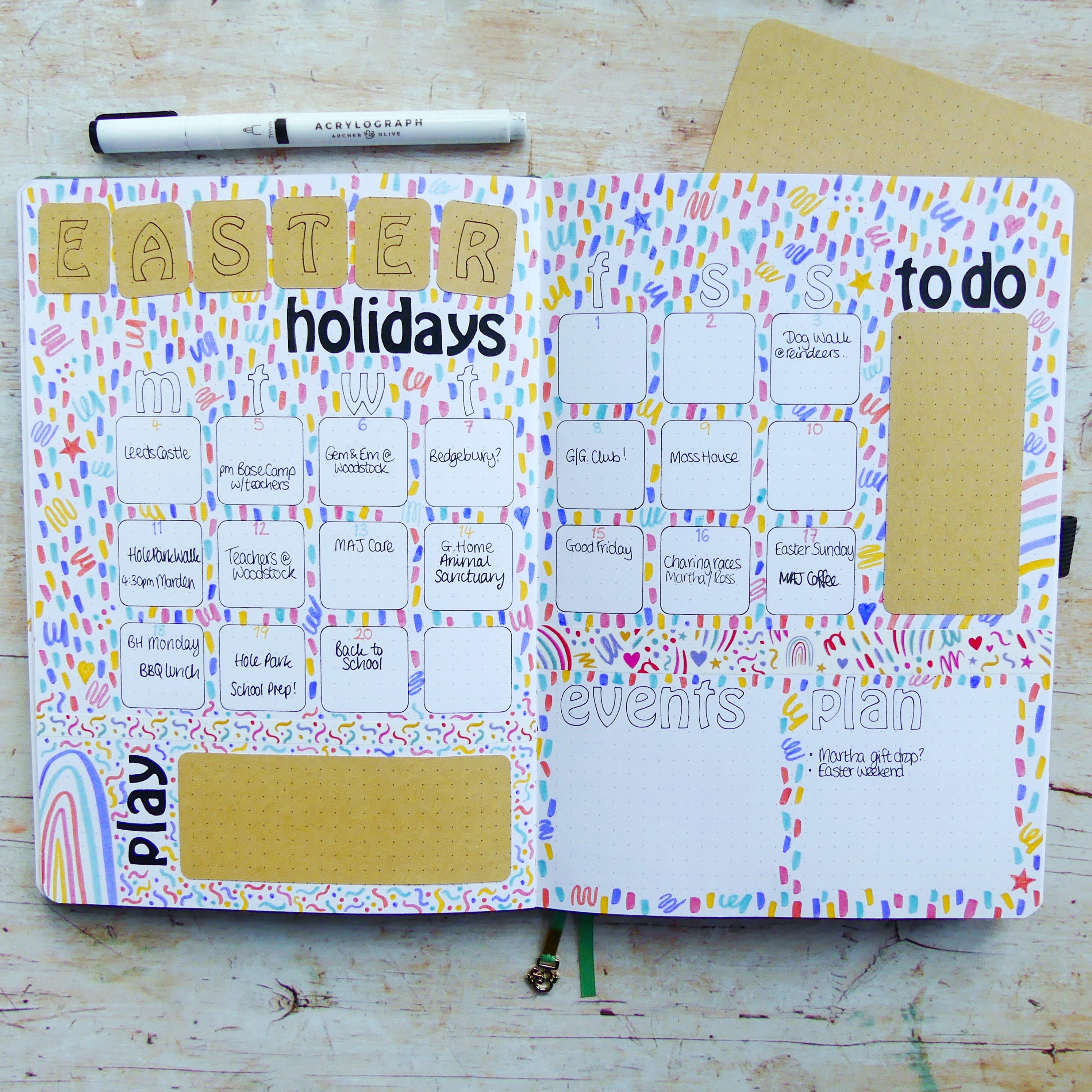 Brightly decorated 2 page spread using Kraft paper with calendar layout 