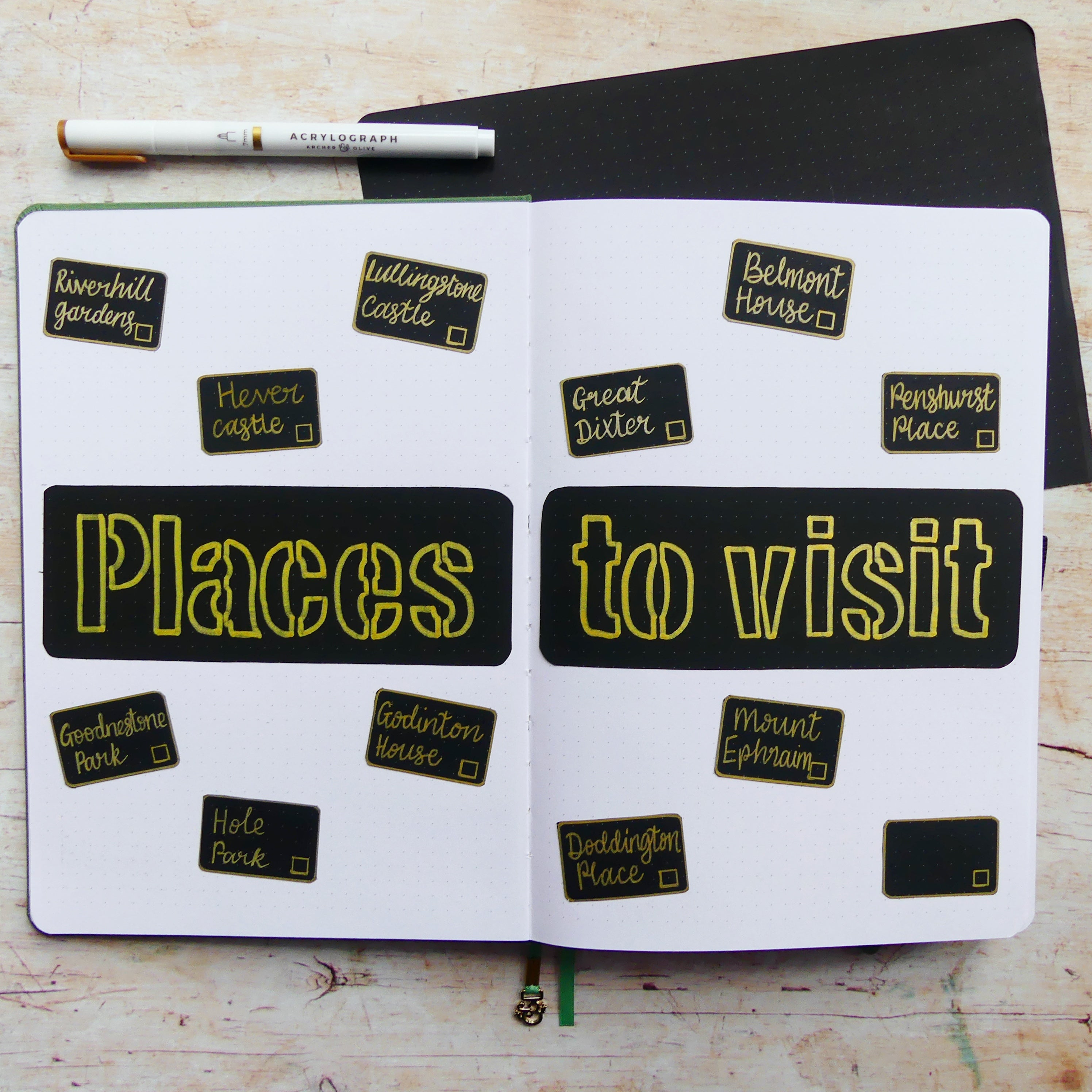 Places to visit checklist gold on black paper