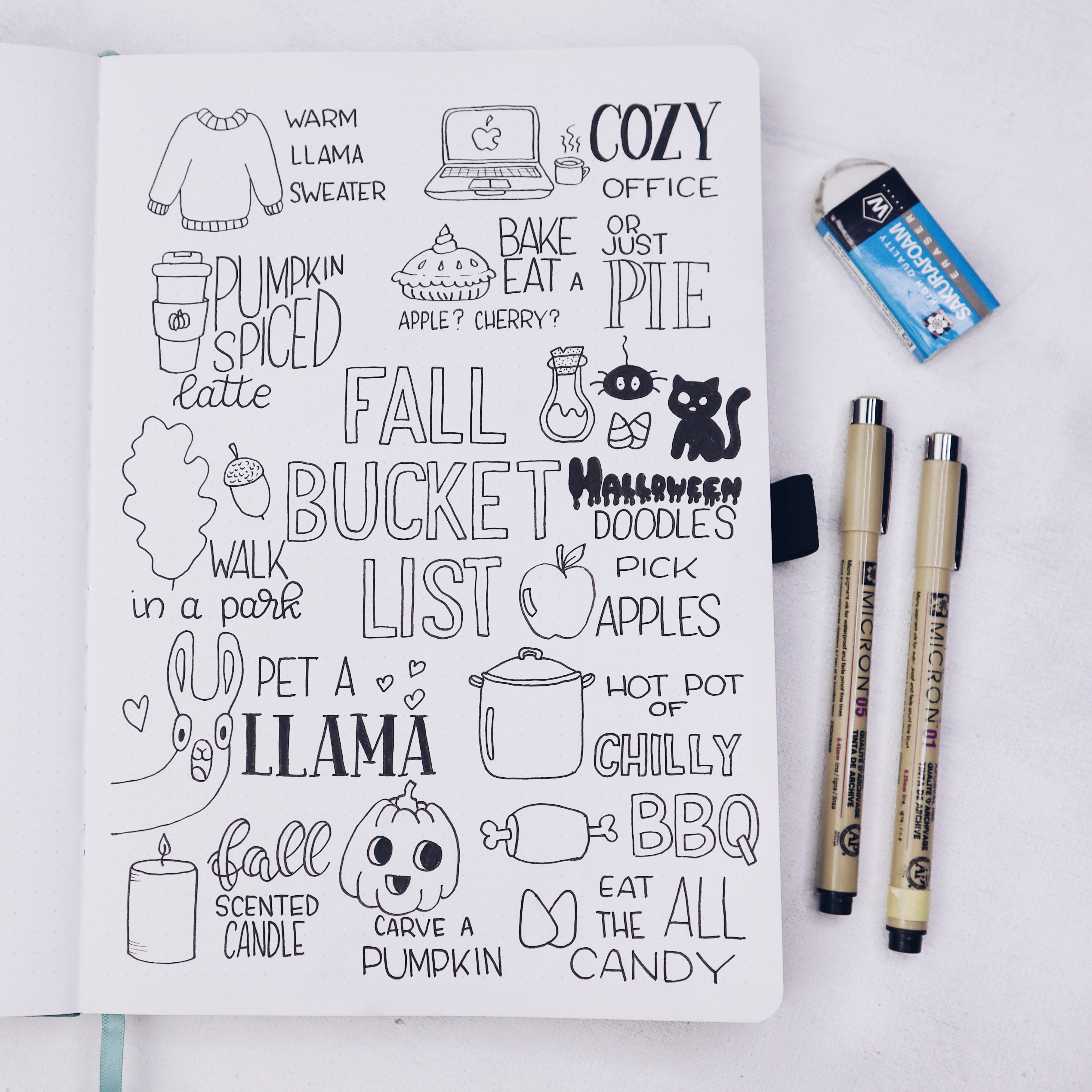 bullet journal spread, archer and olive, fineliners, fall bucket list, how to
