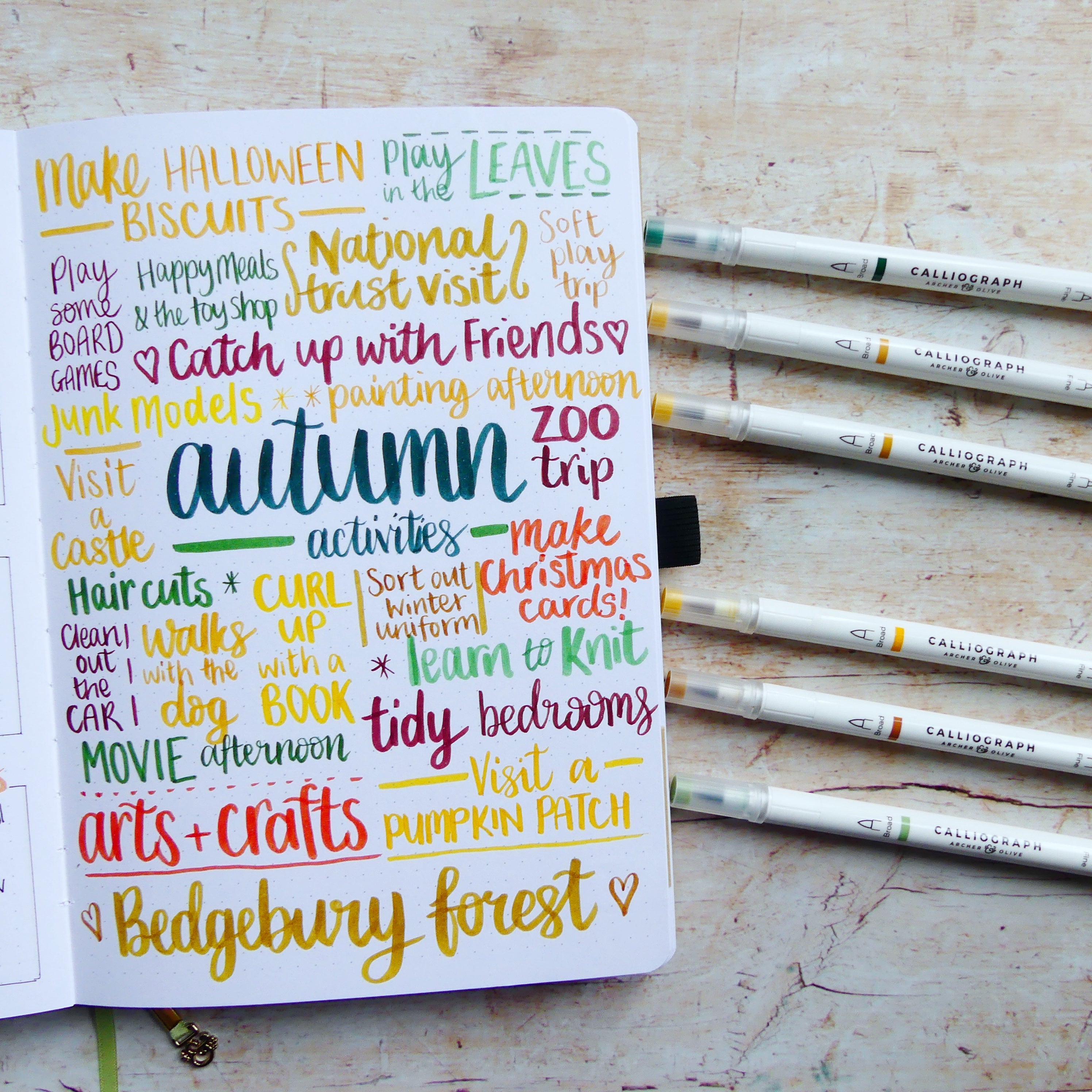 Activity ideas filling a page using brush lettering and calliographs