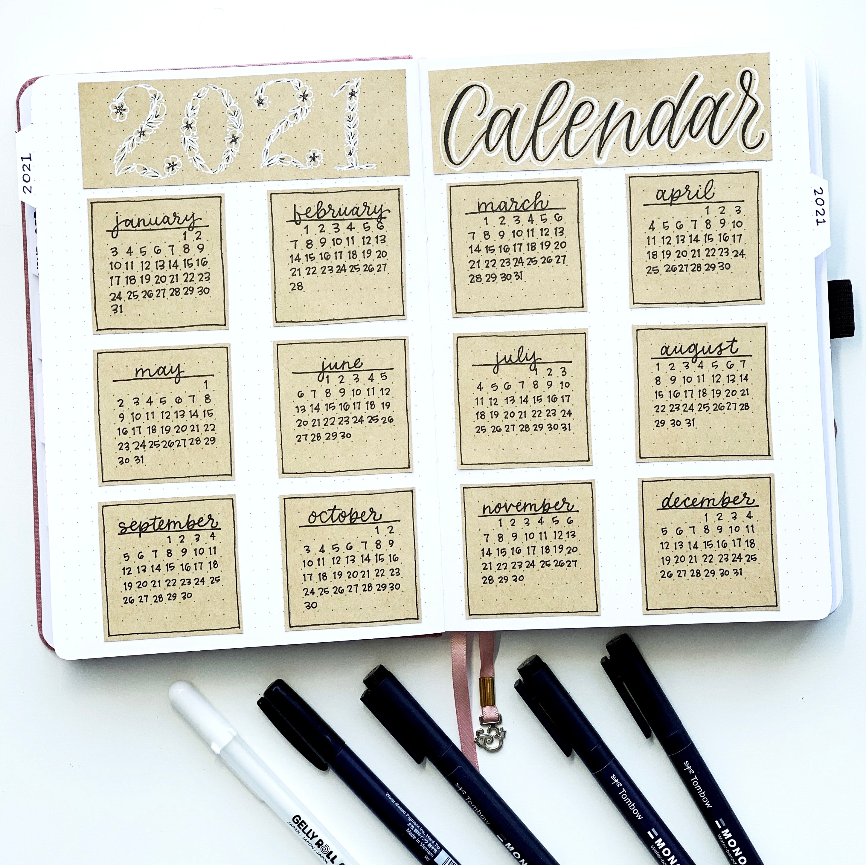 Learn how to create this 2021 Yearly Calendar in your bullet journal with Adrienne from @studio80design!