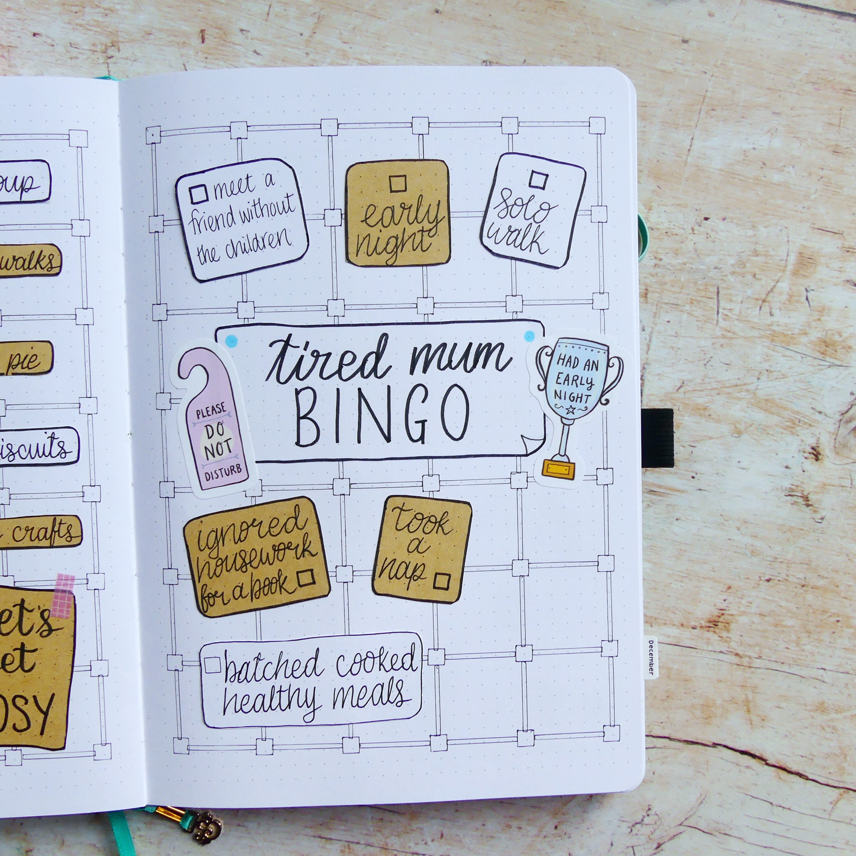 Tired mum bingo pages with ideas on Kraft paper