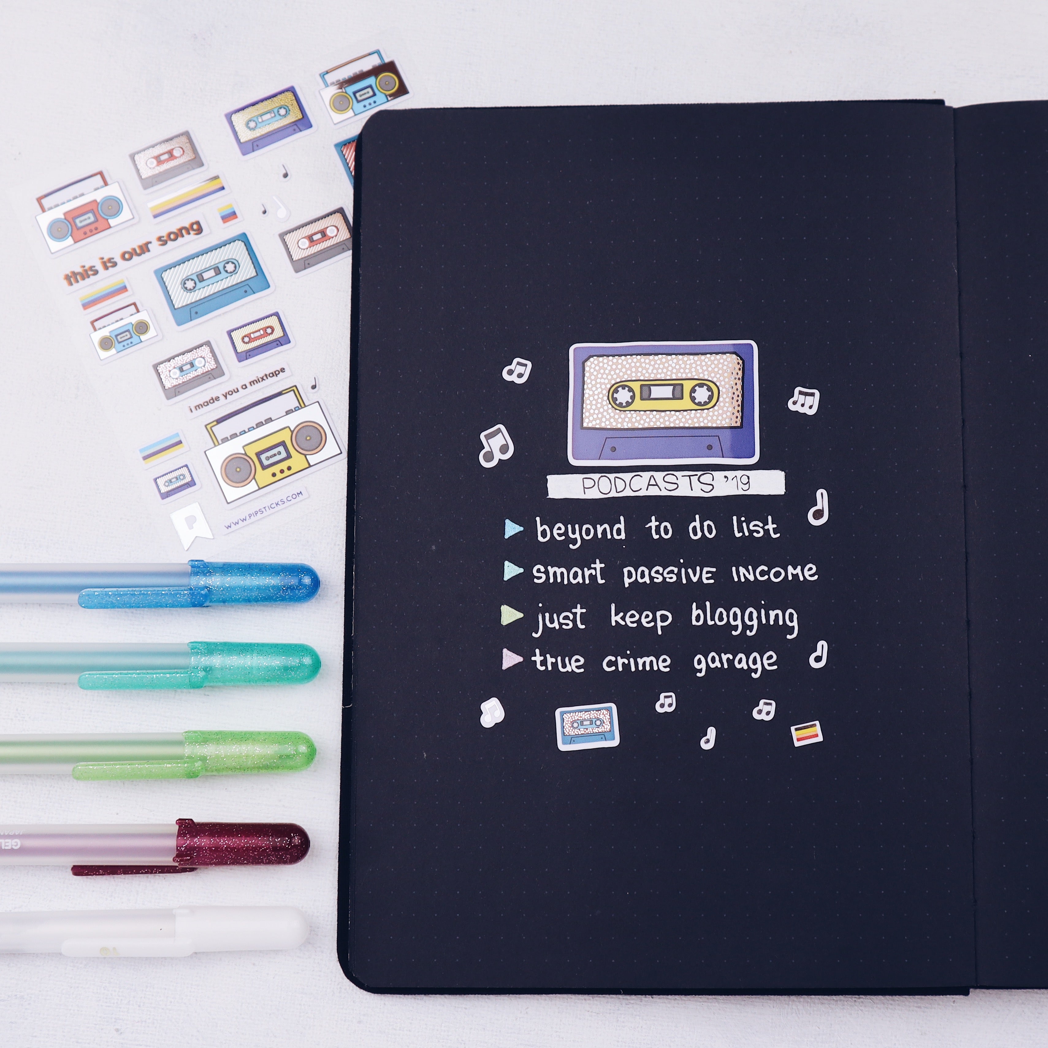 bullet journal, playlist, blackout book, archer and olive, stickers