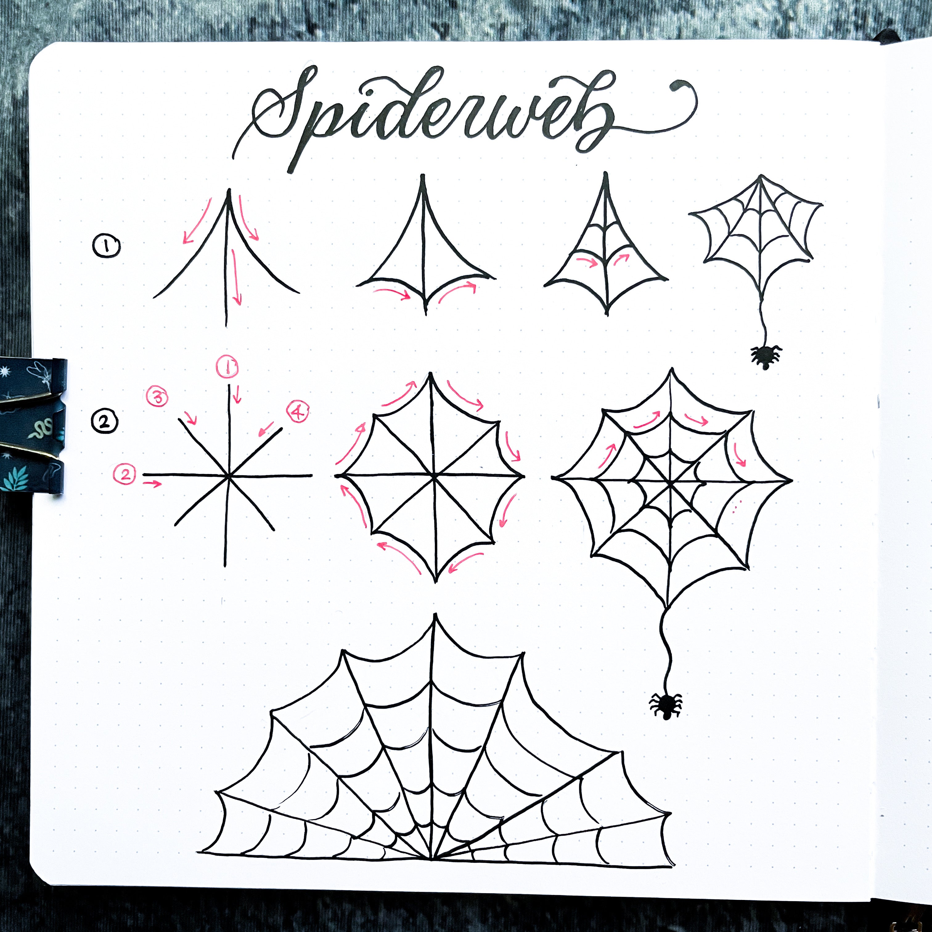 image of how to draw a spiderweb broken down step by step