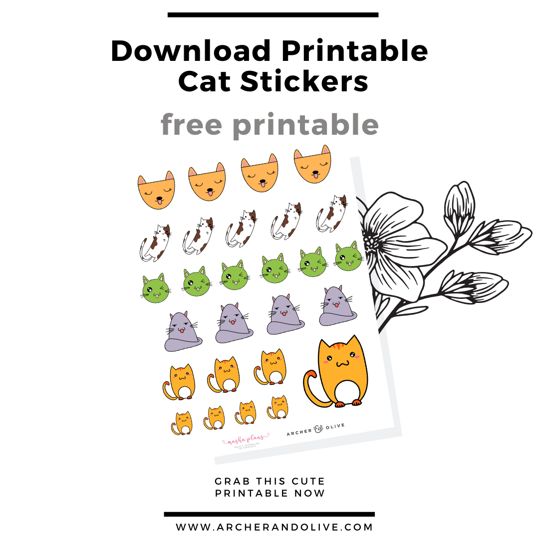 free printable, masha plans, archer and olive, stickers, cat stickers