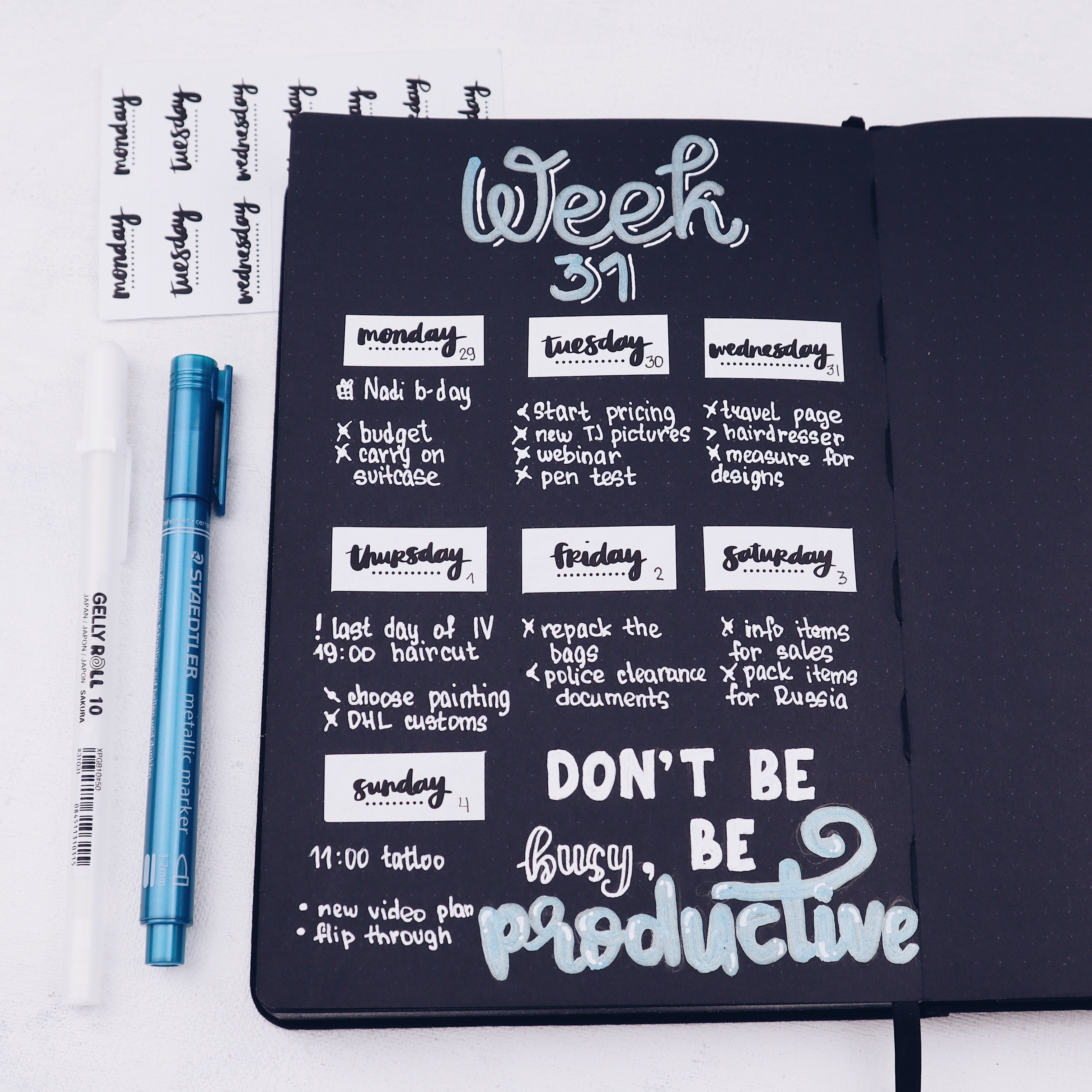 bullet journal, one page weekly, weekly log, archer and olive, blackout book, sakura gelly roll, stickers