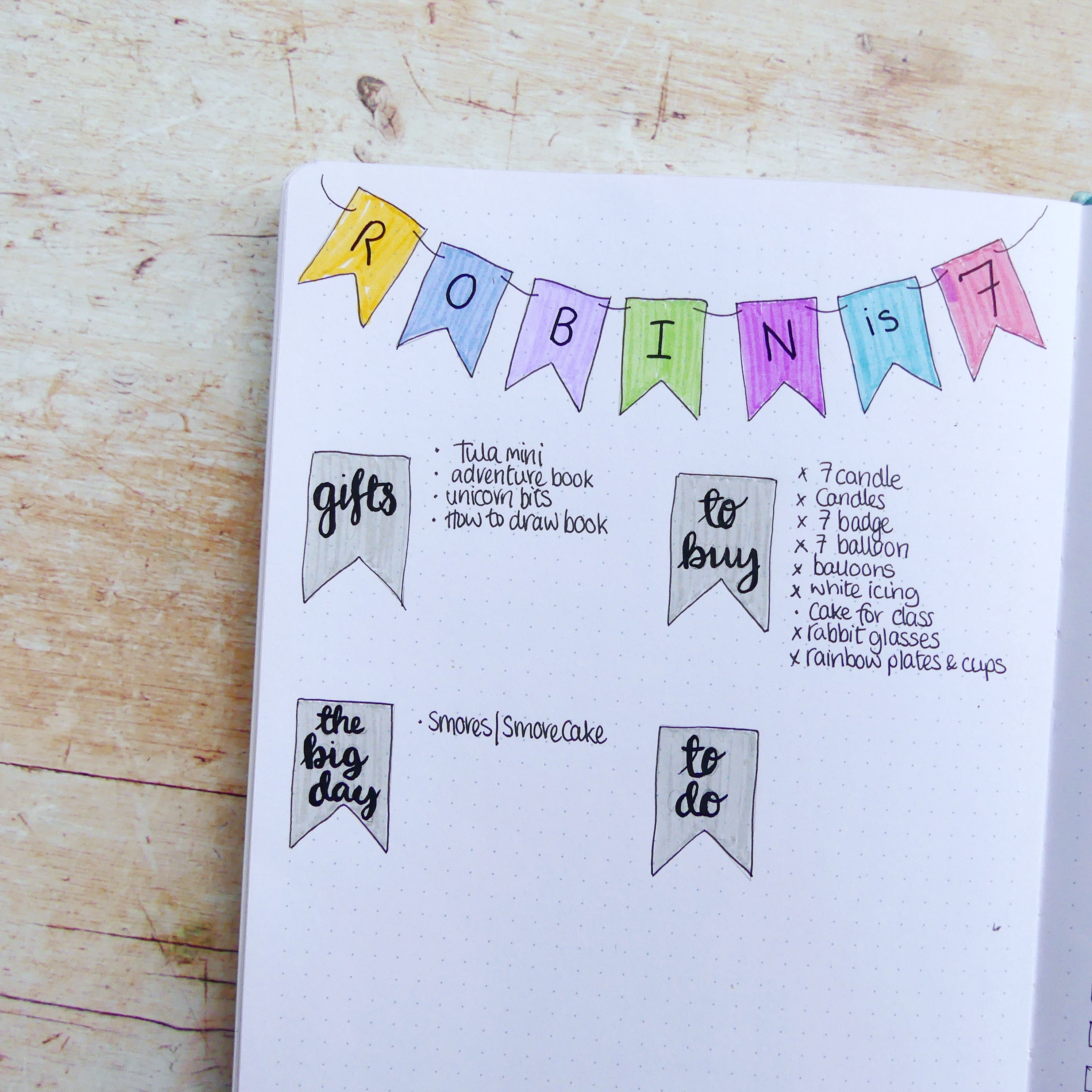 Journal page with birthday gift list, party supplies and bunting at the top