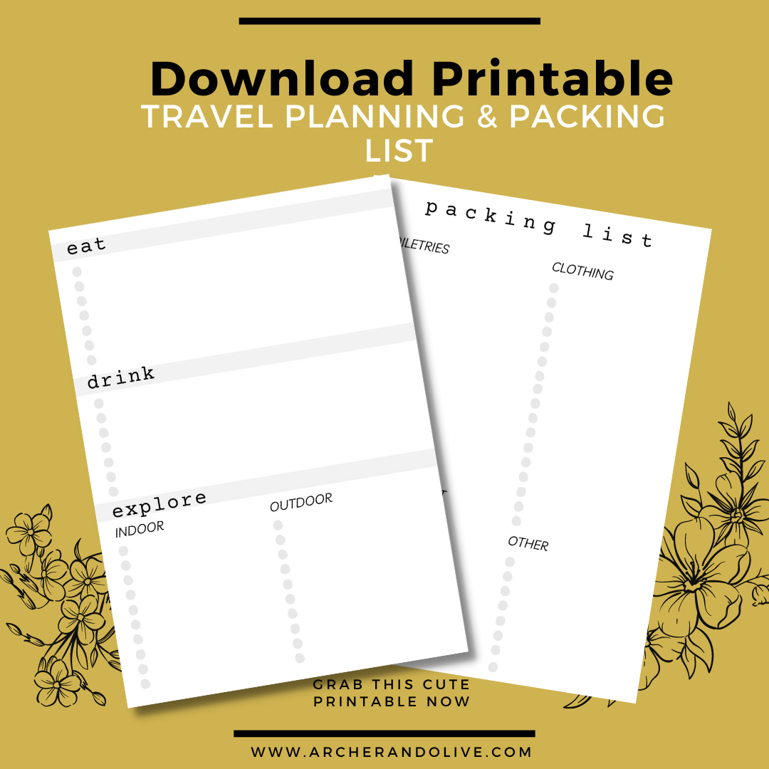 Free printable of a travel planning and packing list to but in a bullet journal or travel journal.