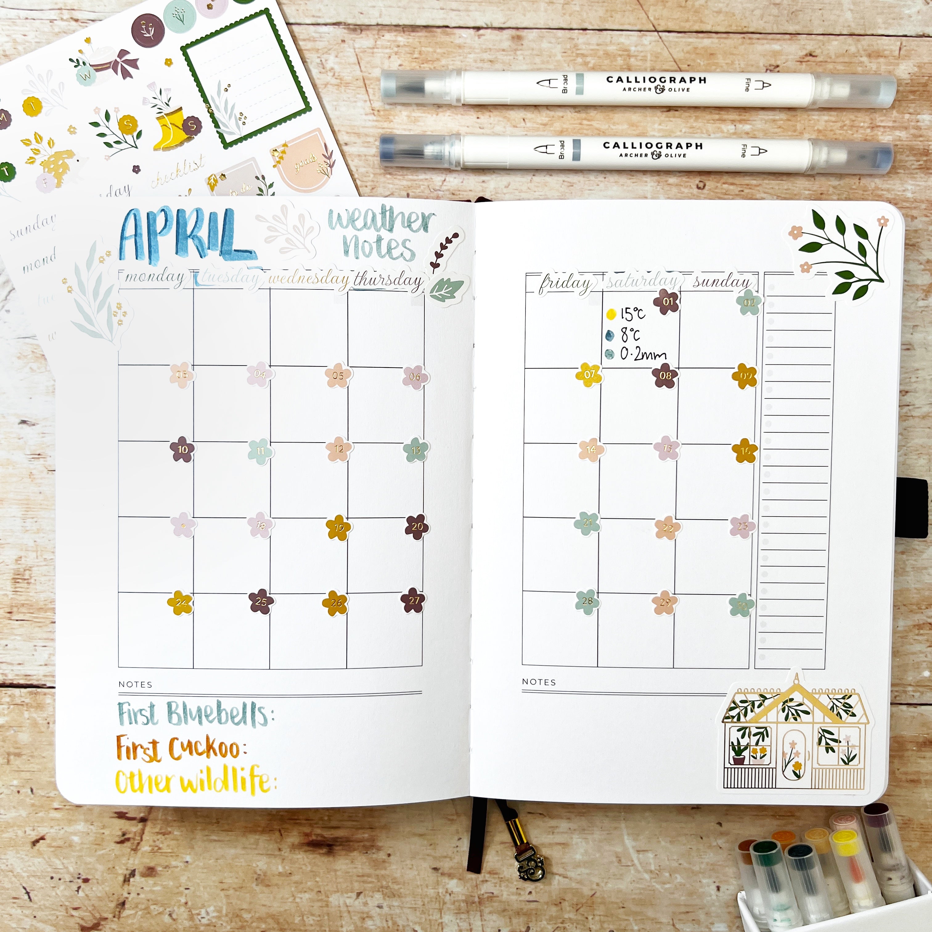 Full double page calendar grid with space for weather notes and calliograph pens