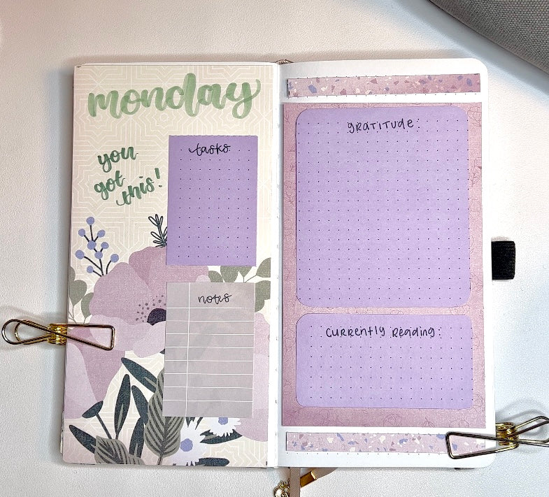Image showing a traveler's size bullet journal with a daily layout spread using floral scrapbook and purple dot grid paper